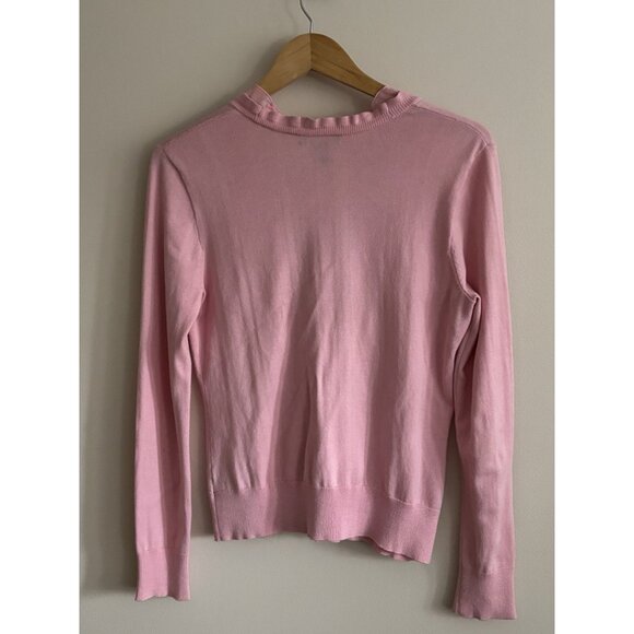 Chaps Pink Ruffle Cardigan Cotton Sweater Button Lightweight Medium Romantic - Picture 8 of 11
